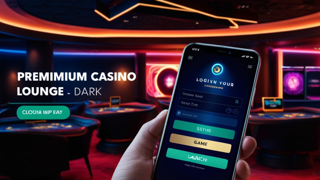 Mobilalkalmazás belépési és játékindítási képernyője sötét casino környezetben