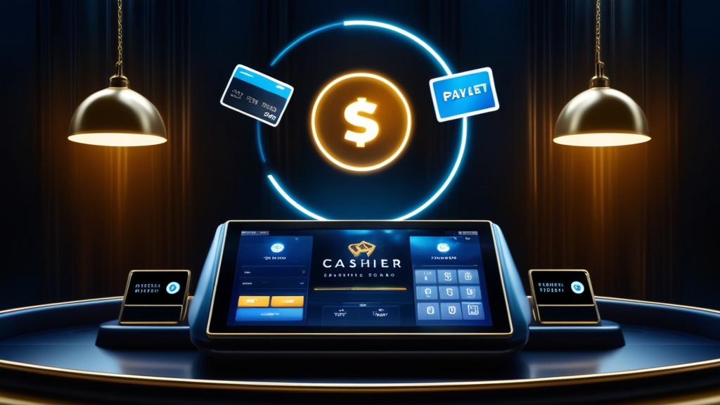 Casino kassza bankkártyával és digitális fizetési ikonokkal sötét környezetben
